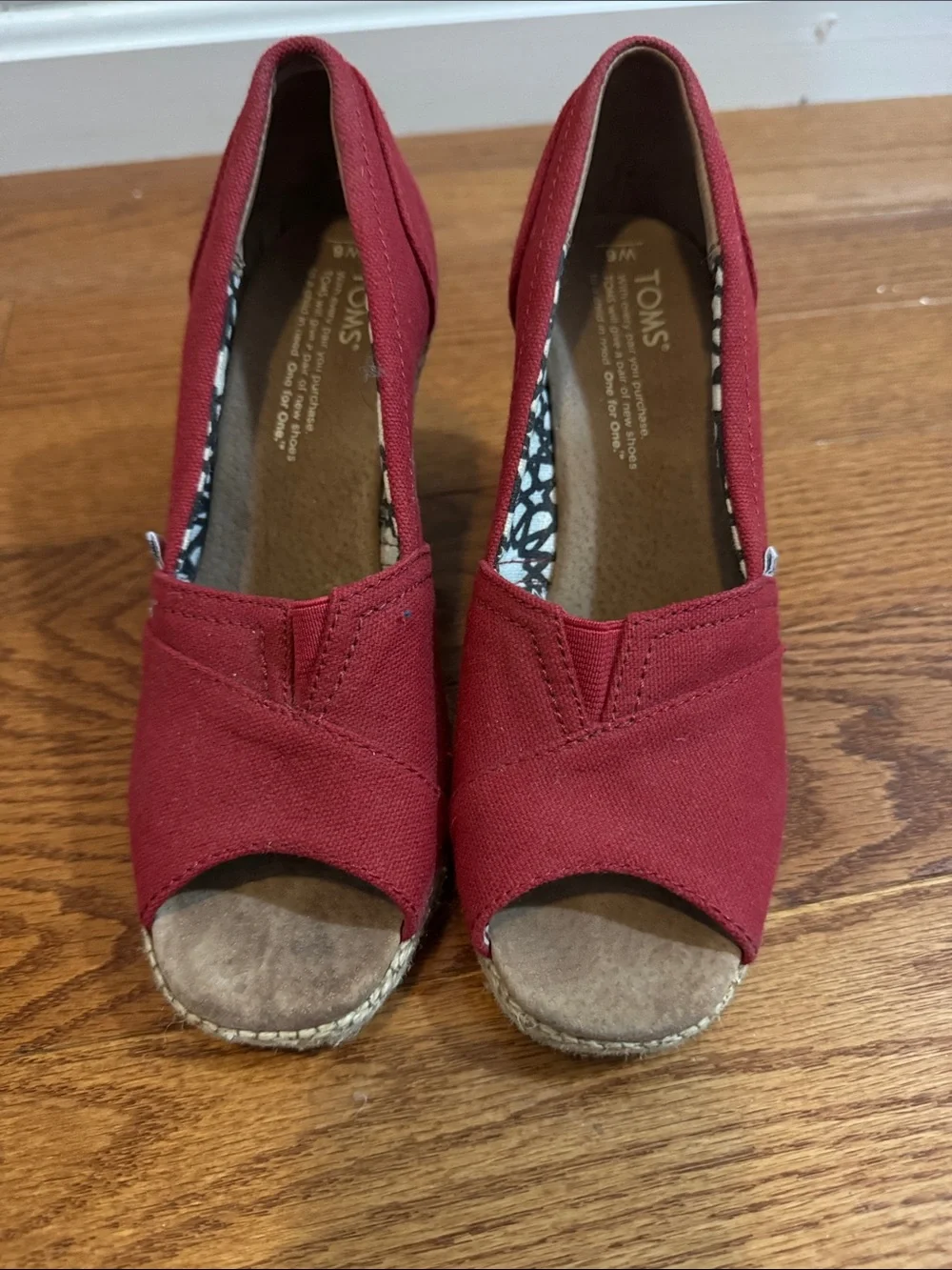 Toms Red Canvas Peep-Toe Wedge Espadrilles